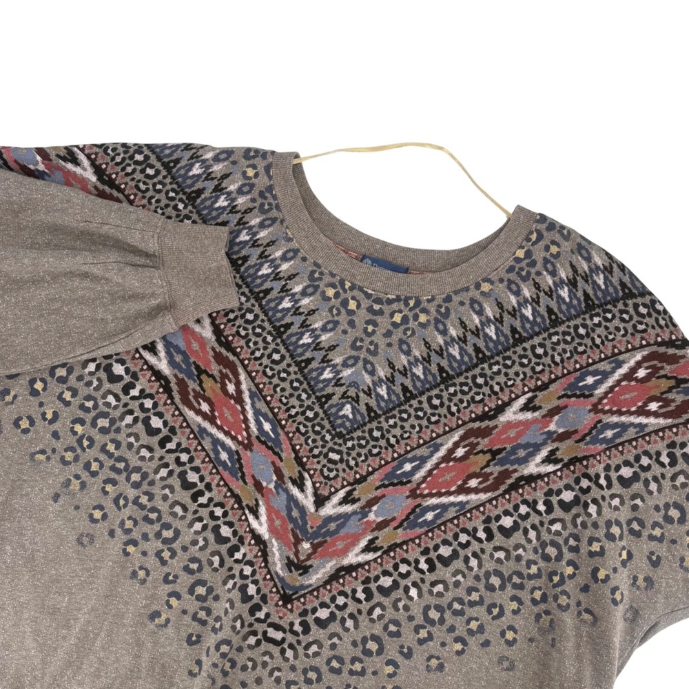 Democracy Sweater Women 3X Taupe Leopard Geometric 3/4 Sleeve Eclectic Boho